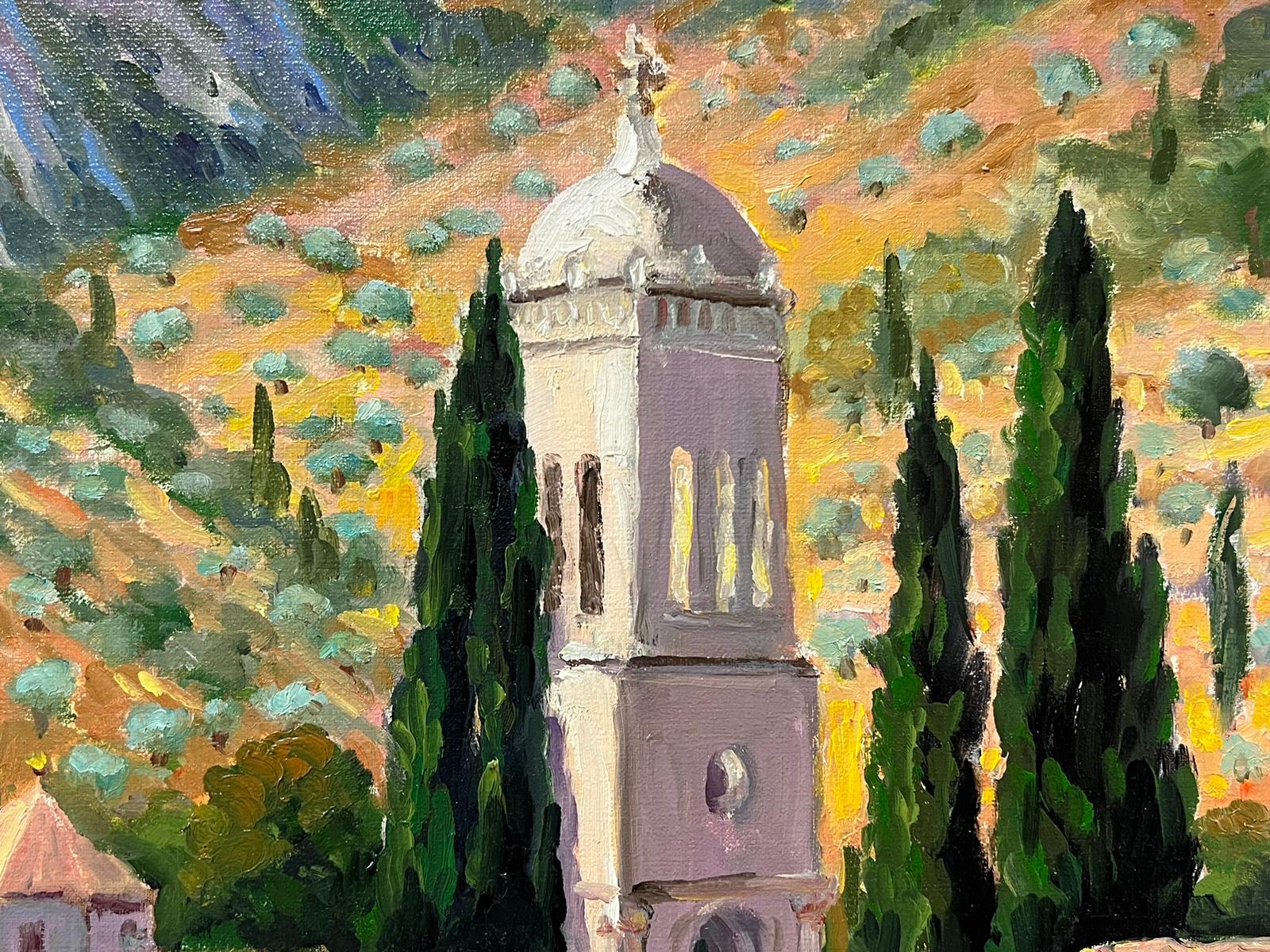 Huile impressionniste française contemporaine Paysage de village provençal avec cyprès en vente 1