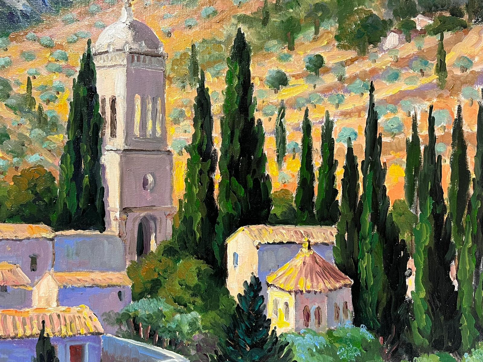 Huile impressionniste française contemporaine Paysage de village provençal avec cyprès en vente 2