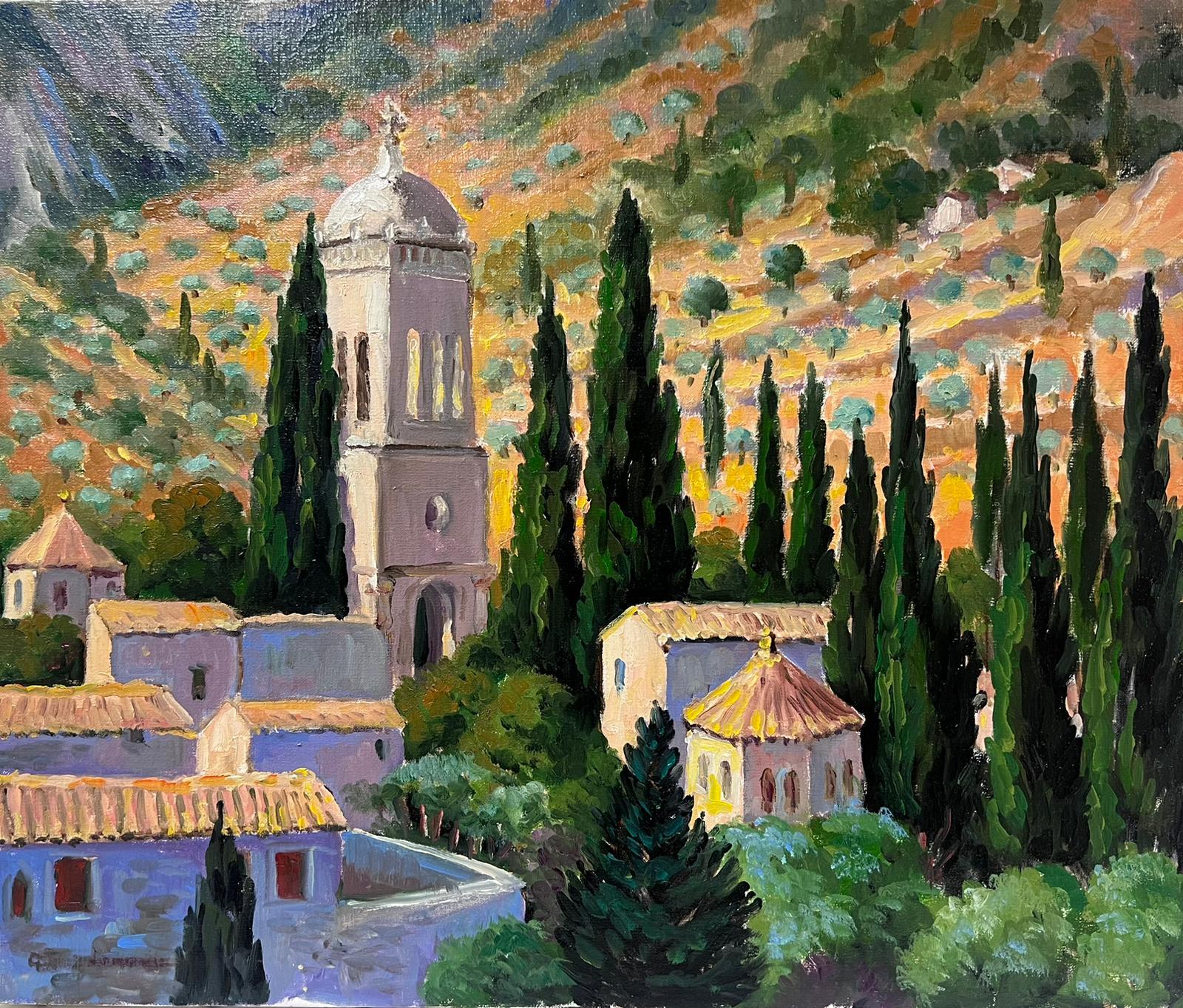 Landscape Painting Georges Bordonove - Huile impressionniste française contemporaine Paysage de village provençal avec cyprès