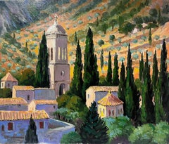 Huile impressionniste française contemporaine Paysage de village provençal avec cyprès