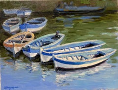 Contemporary French Impressionist Oil Dinghy Boats Anchored in Harbour 
