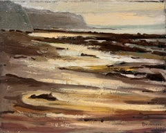 Huile impressionniste française contemporaine Scène de plage dramatique et atmosphérique Falaises