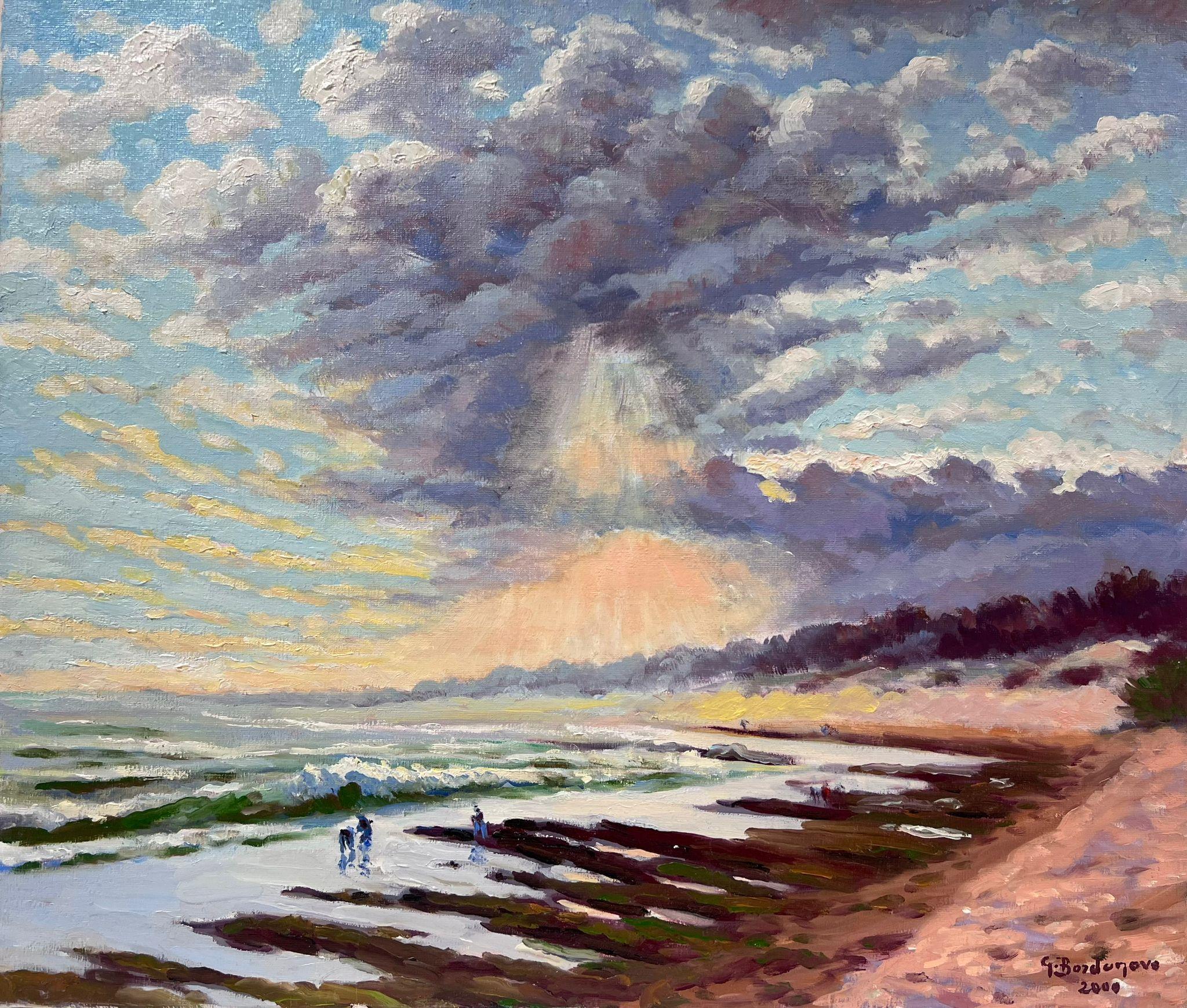 Contemporary French Impressionist Oil Dramatic Sky over Coastal Beach Seascape – Painting von Georges Bordonove