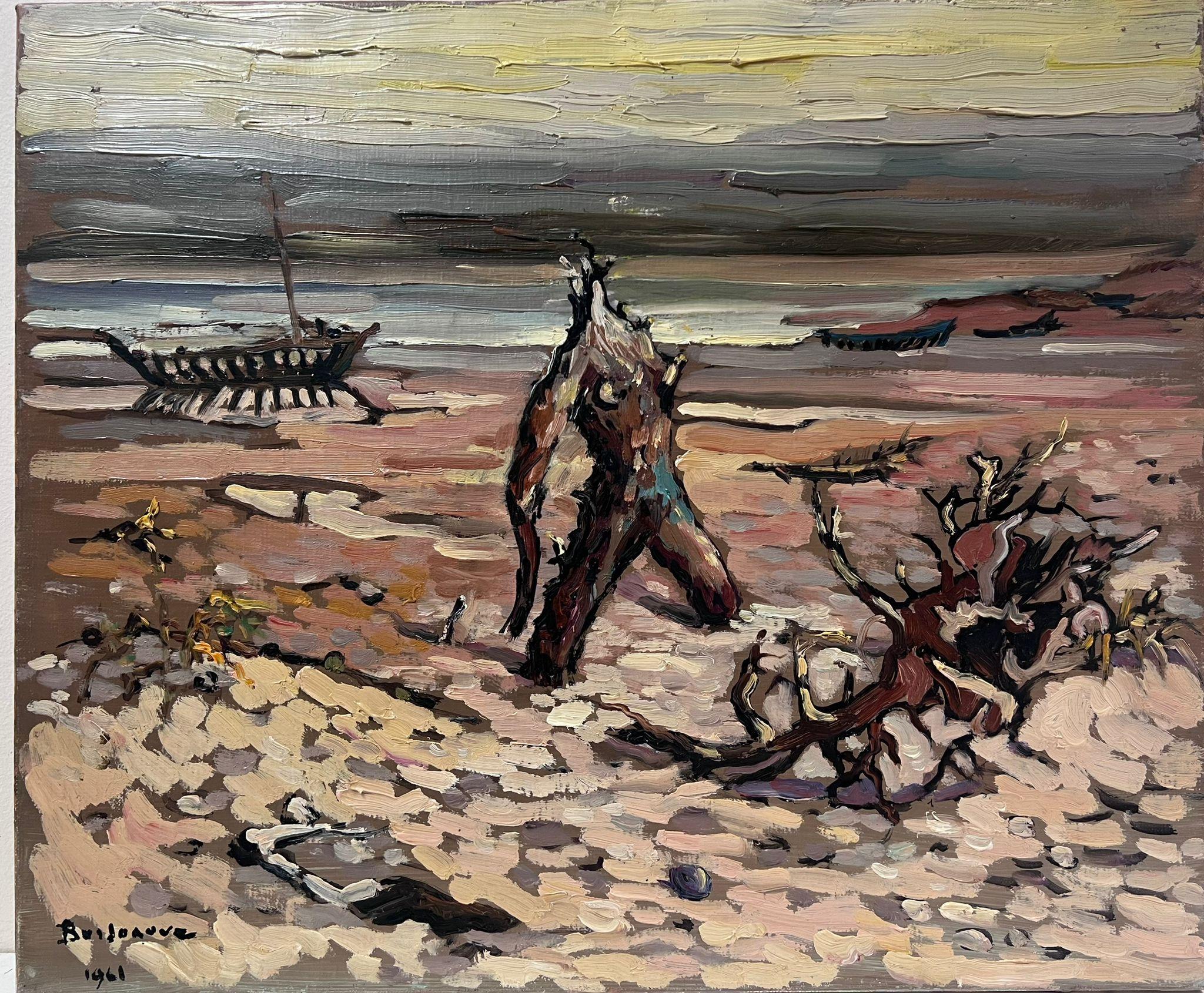 Huile Impressionniste Française Contemporaine Dérive Wood Wood et Figure Sur Plage Sombre - Painting de Georges Bordonove