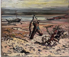 Contemporary French Impressionist Oil Drift Wood and Figure On Dark Beach