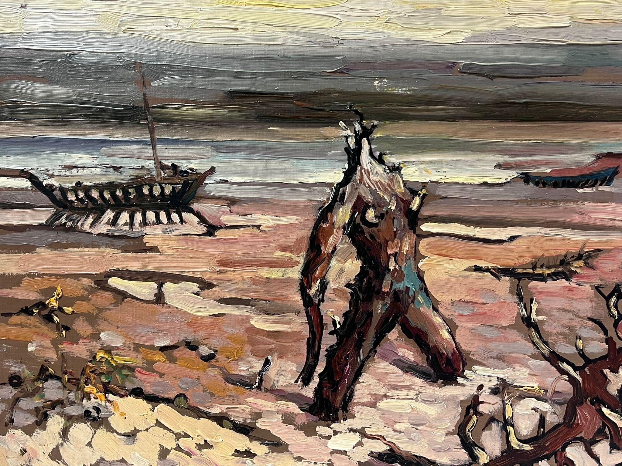 Contemporary French Impressionist Oil Drift Wood and Figure On Dark Beach For Sale 2
