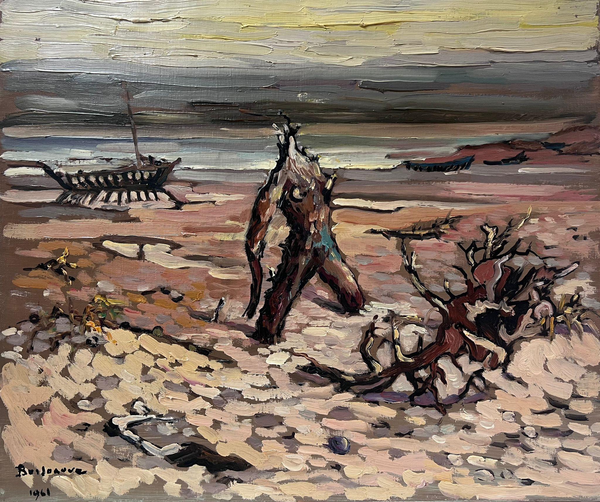 Landscape Painting Georges Bordonove - Huile Impressionniste Française Contemporaine Dérive Wood Wood et Figure Sur Plage Sombre