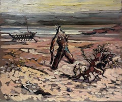 Contemporary French Impressionist Oil Drift Wood and Figure On Dark Beach