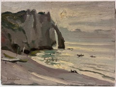 Contemporary French Impressionist Oil Etretat Rocky Coastline at Dusk Beach