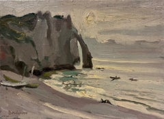 Contemporary French Impressionist Oil Etretat Rocky Coastline at Dusk Beach 