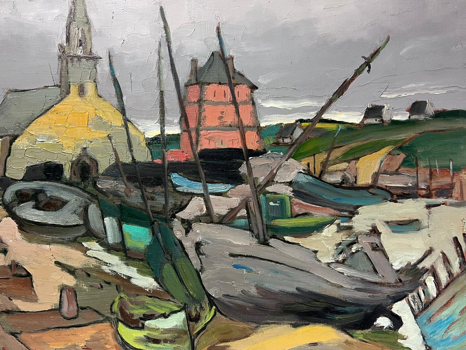 Contemporary French Impressionist Oil Fishing Boats in Dark Town Dockyard - Painting by Georges Bordonove