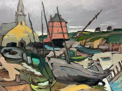 Óleo Impresionista Francés Contemporáneo Barcos de Pesca en el Astillero de la Ciudad Oscura