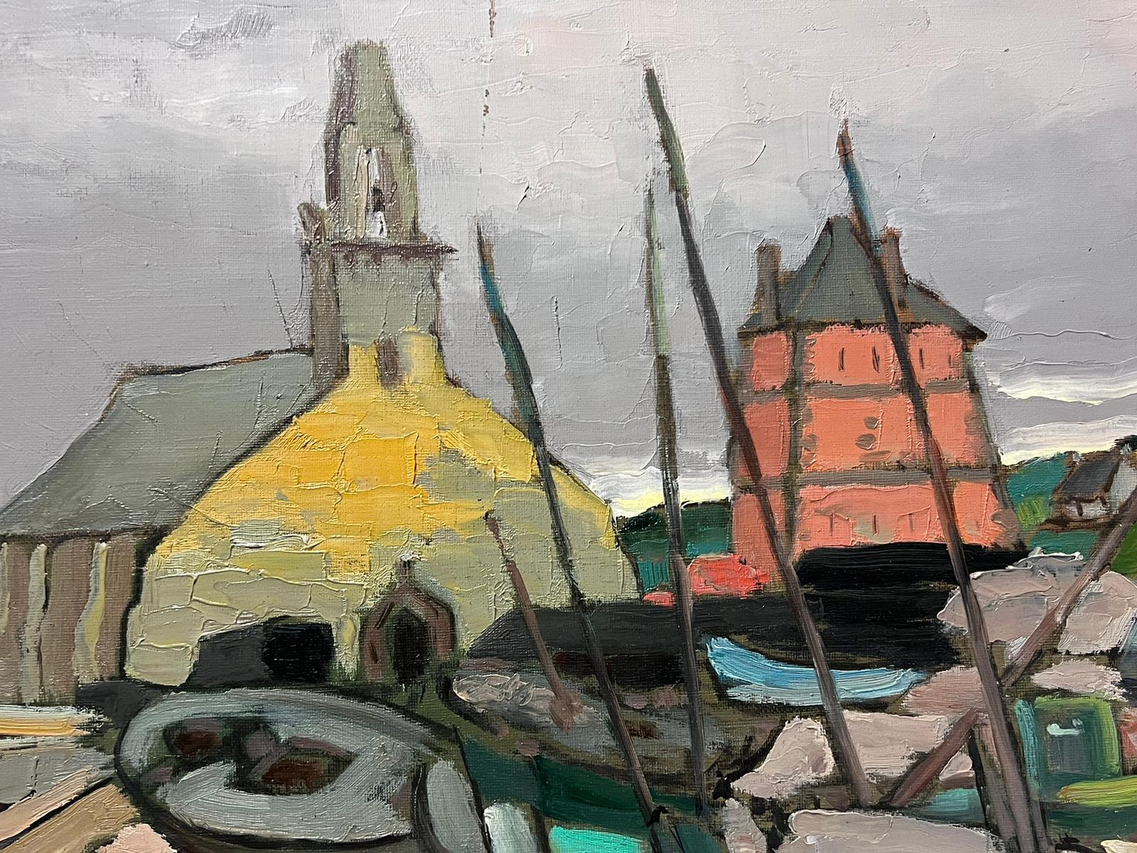 Contemporary French Impressionist Oil Fishing Boats in Dark Town Dockyard For Sale 3