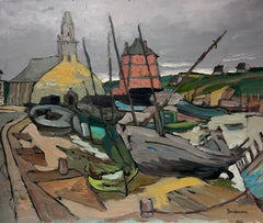 Vintage Contemporary French Impressionist Oil Fishing Boats in Dark Town Dockyard