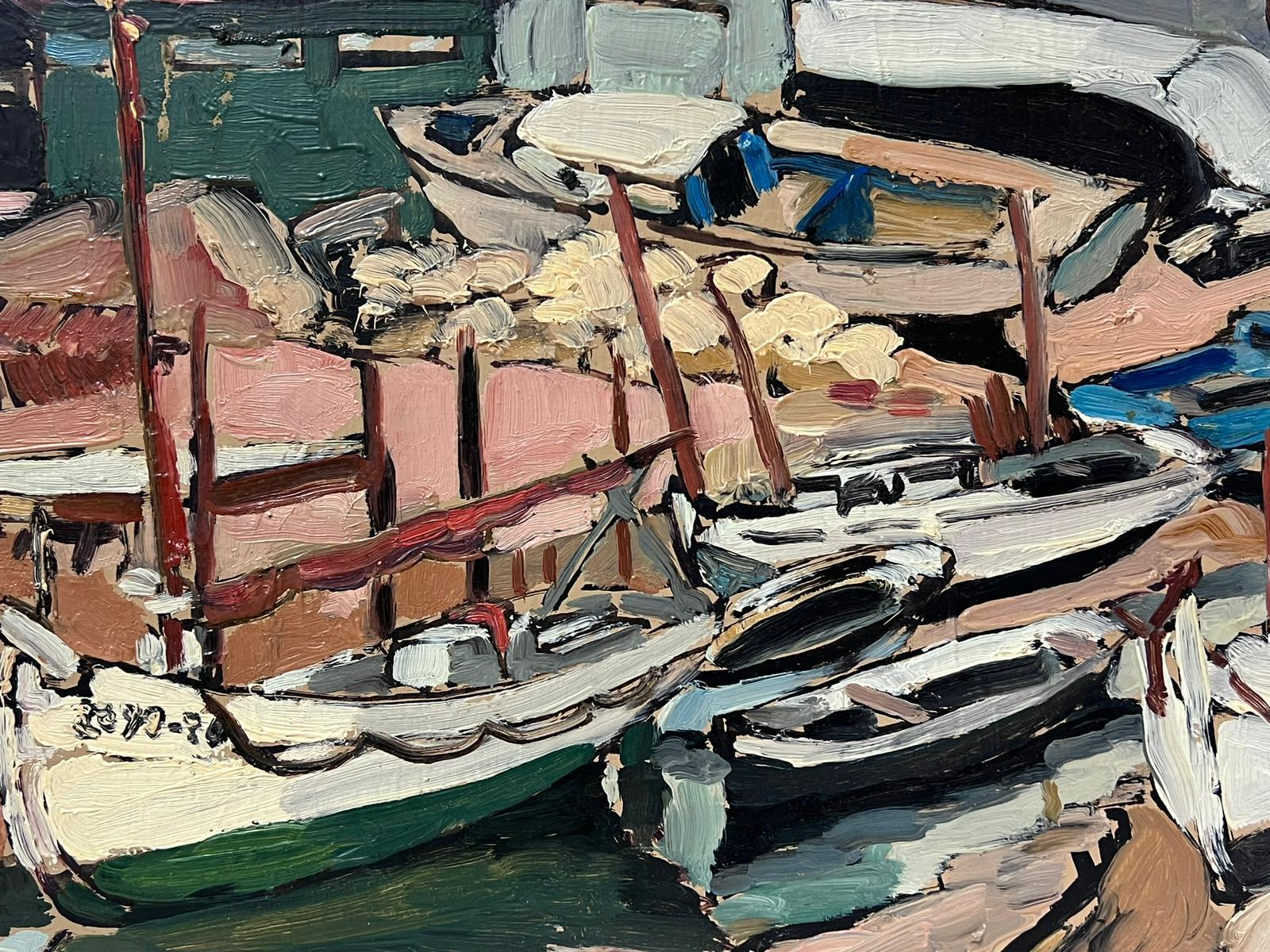 Olio impressionista francese contemporaneo Barche da pesca in cantiere navale 1