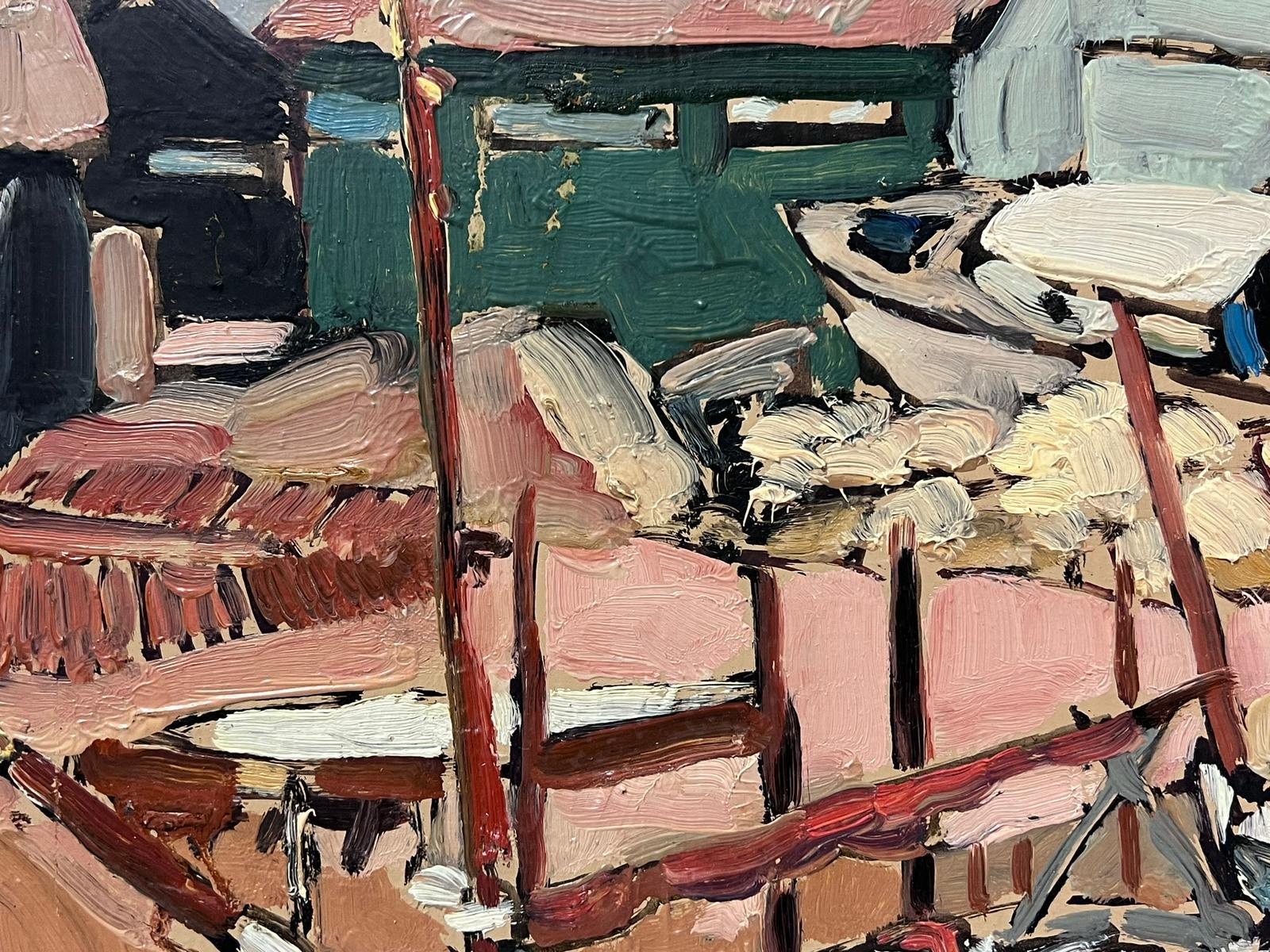 Olio impressionista francese contemporaneo Barche da pesca in cantiere navale 2