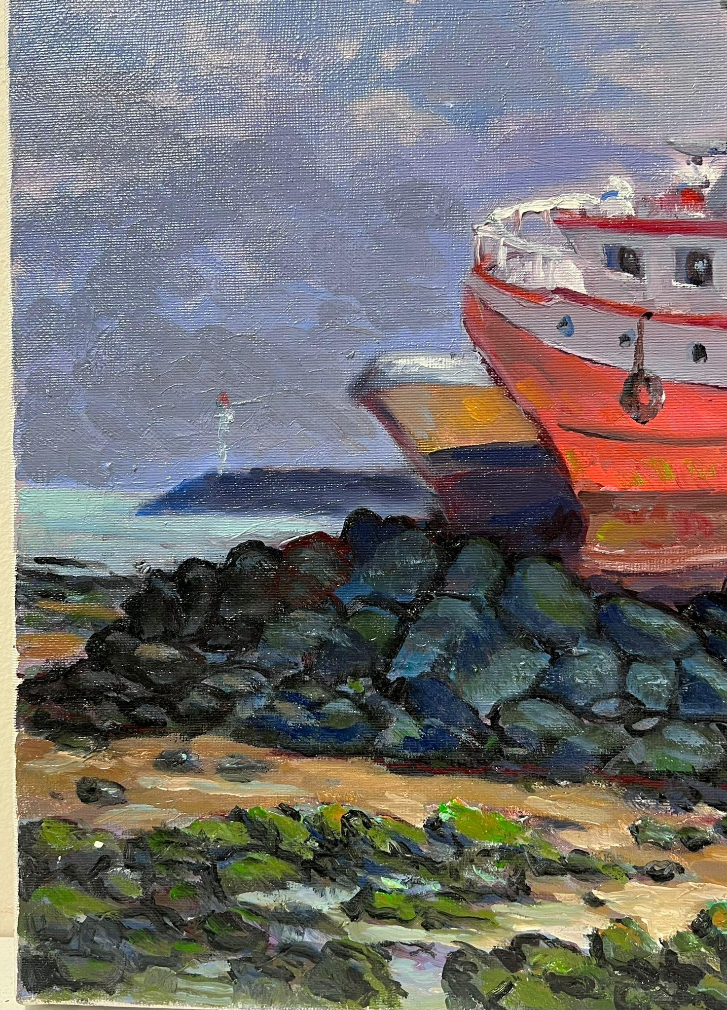Contemporary French Impressionist Oil Fishing Trawler Beached on Shore - Painting by Georges Bordonove