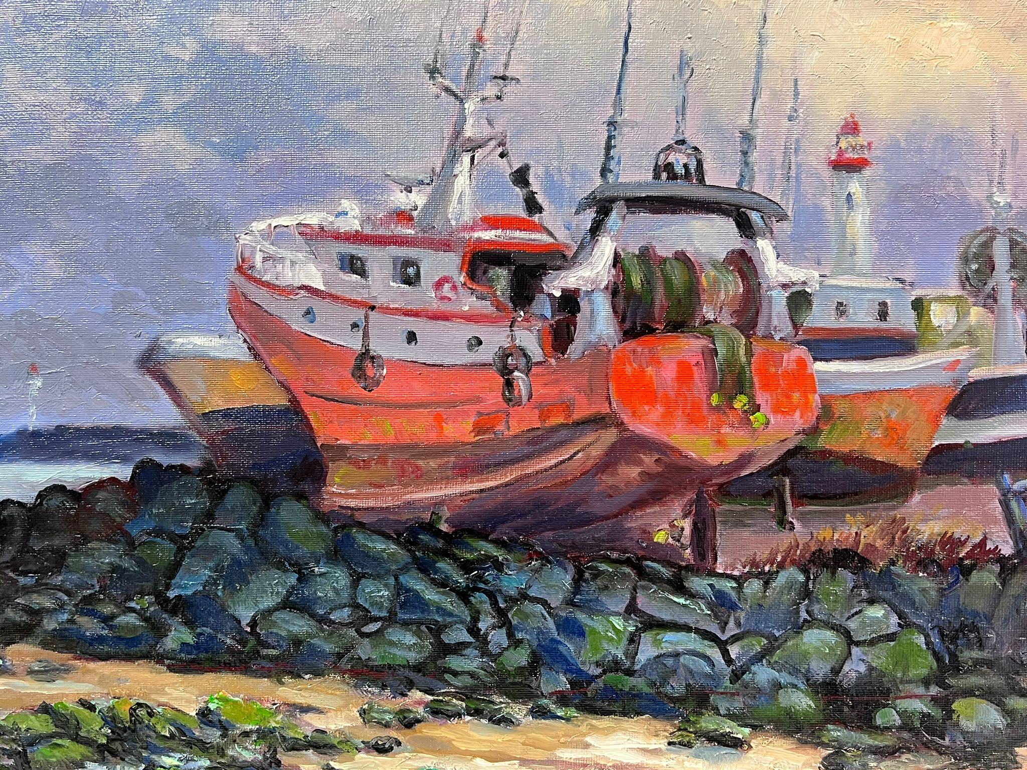 Contemporary French Impressionist Oil Fishing Trawler Beached on Shore 2