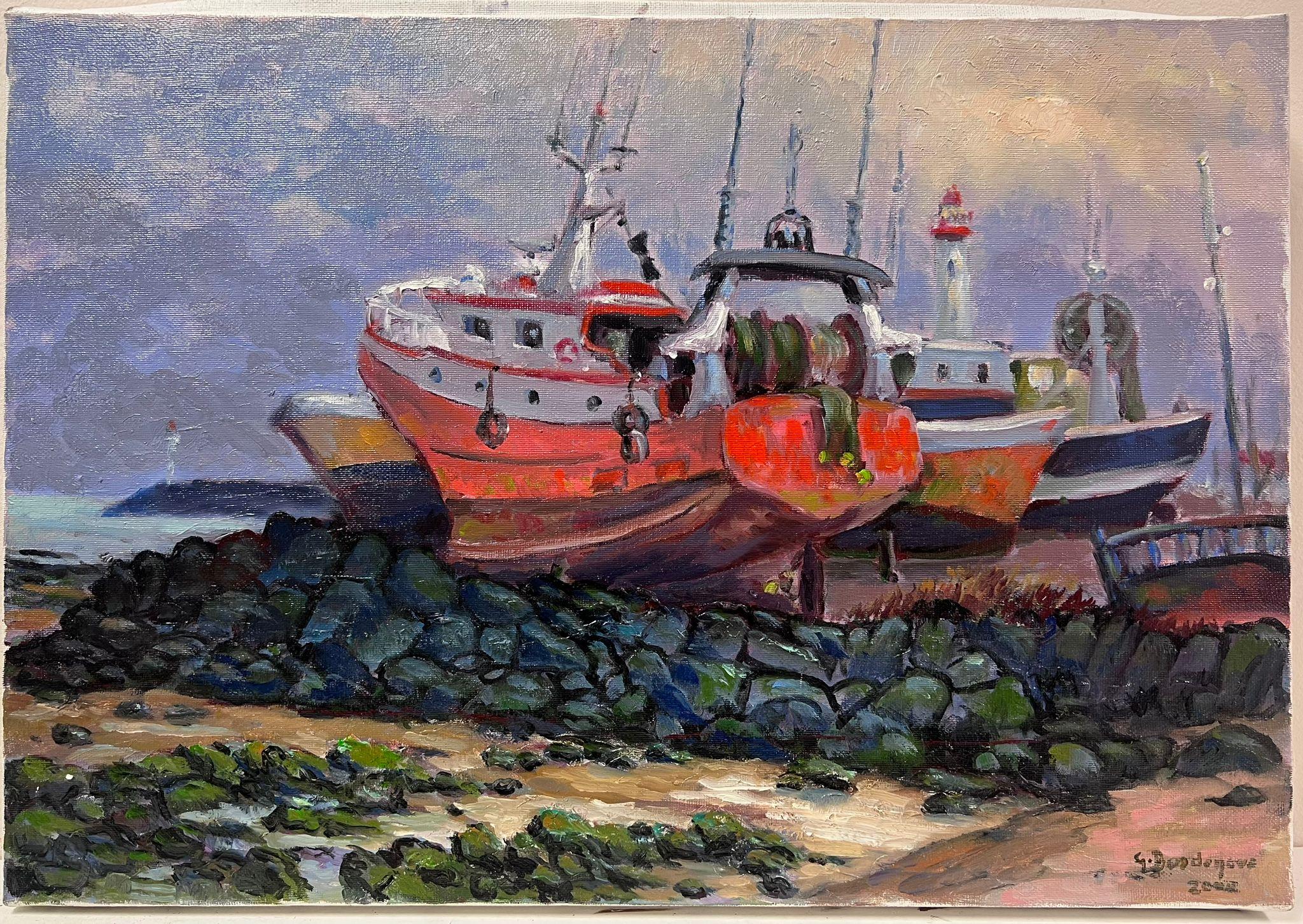 Contemporary French Impressionist Oil Fishing Trawler Beached on Shore 3