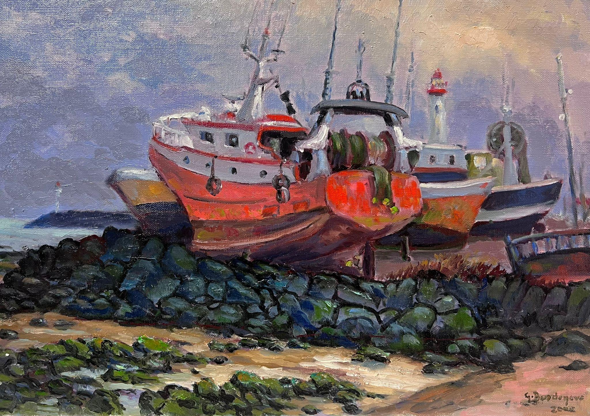 Georges Bordonove Landscape Painting - Contemporary French Impressionist Oil Fishing Trawler Beached on Shore