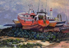 Contemporary French Impressionist Oil Fishing Trawler Beached on Shore