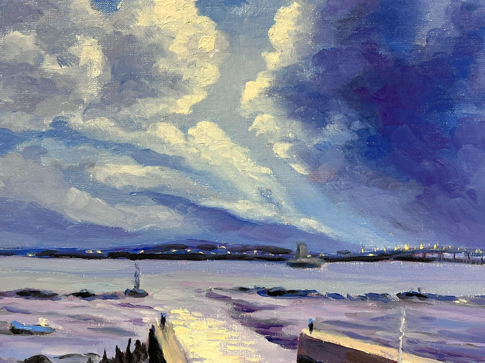 Contemporary French Impressionist Oil Fluffy Clouds over Coastal Landscape - Gray Landscape Painting by Georges Bordonove
