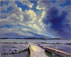 Contemporary French Impressionist Oil Fluffy Clouds over Coastal Landscape