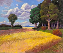 Contemporary French Impressionist Oil Golden Corn Fields Colourful Tree Path