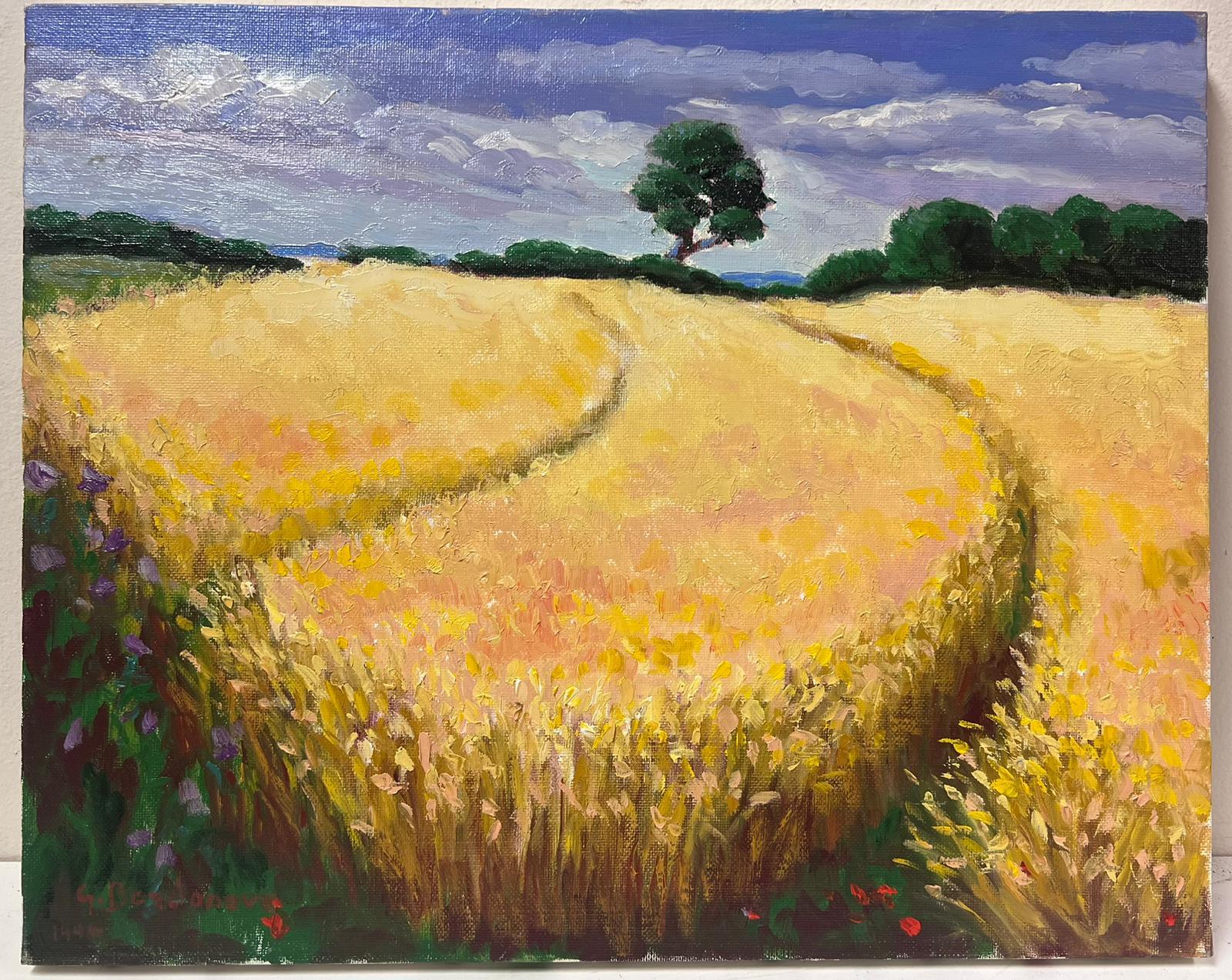 Contemporary French Impressionist Oil Golden Wheat Fields & Trees Landscape – Painting von Georges Bordonove
