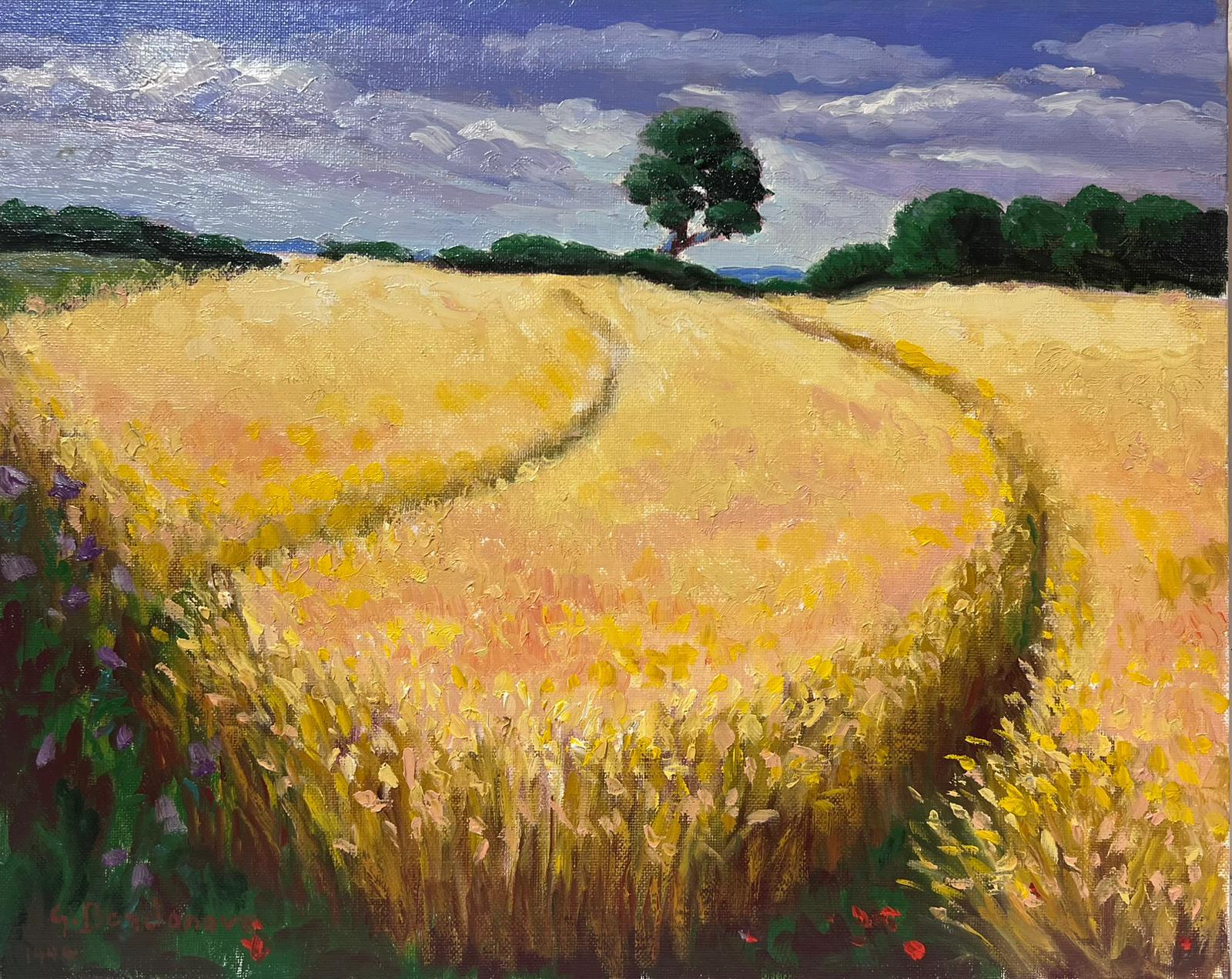 Contemporary French Impressionist Oil Golden Wheat Fields & Trees Landscape