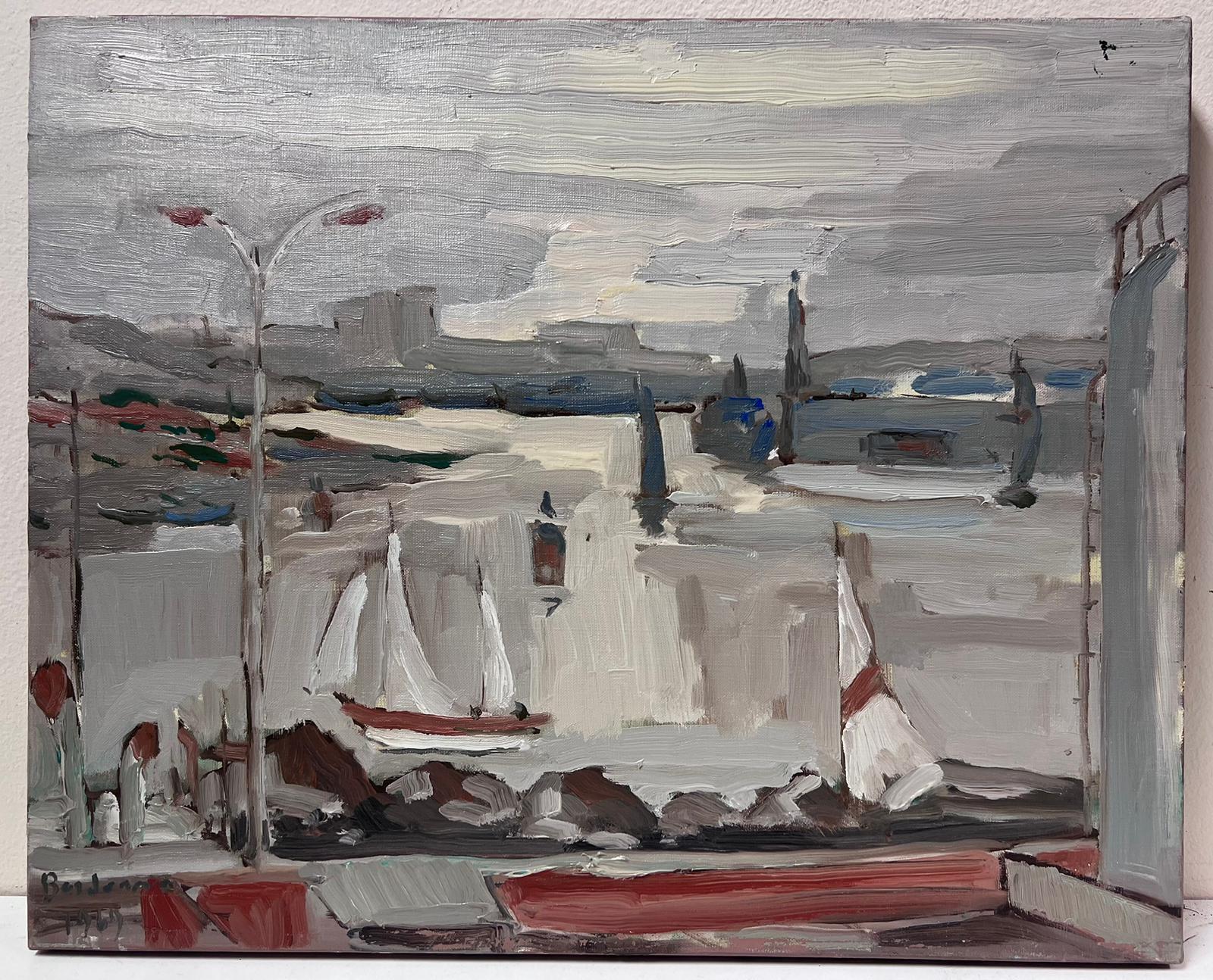 Óleo Impresionista Francés Contemporáneo Escena de Estuario Portuario Barcos Cielos Grises - Painting de Georges Bordonove