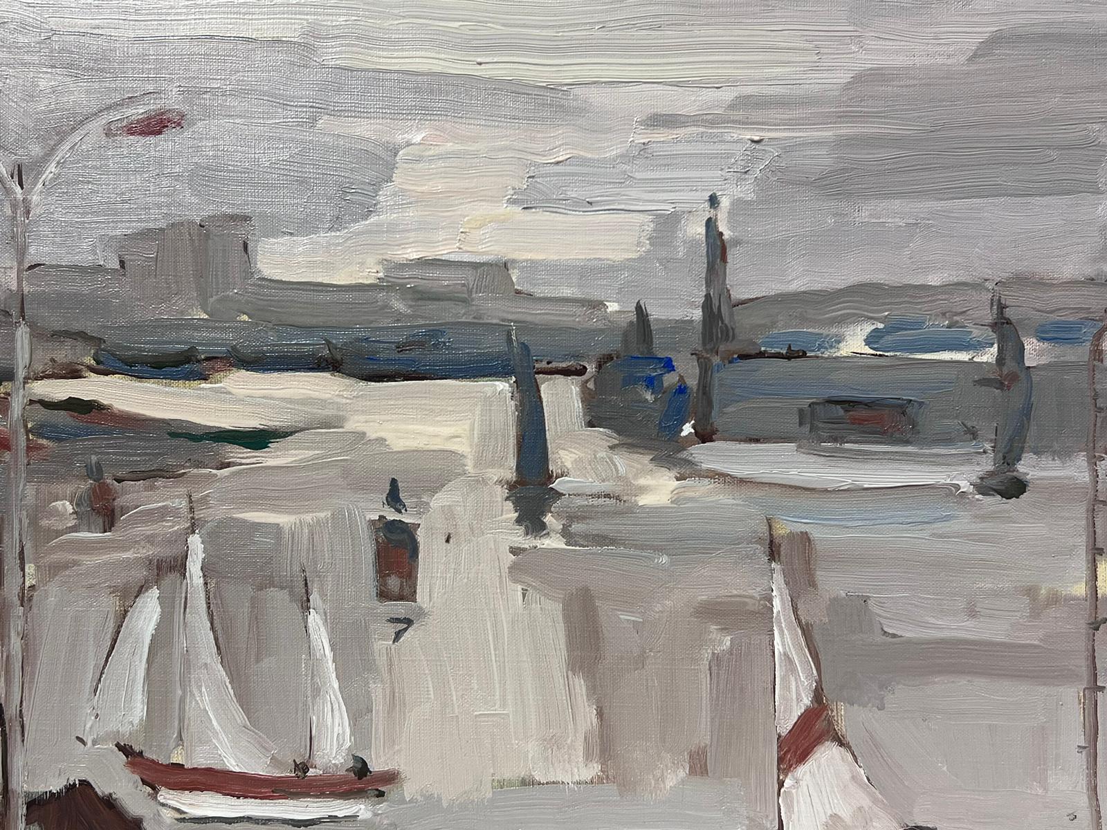 Óleo Impresionista Francés Contemporáneo Escena de Estuario Portuario Barcos Cielos Grises 2