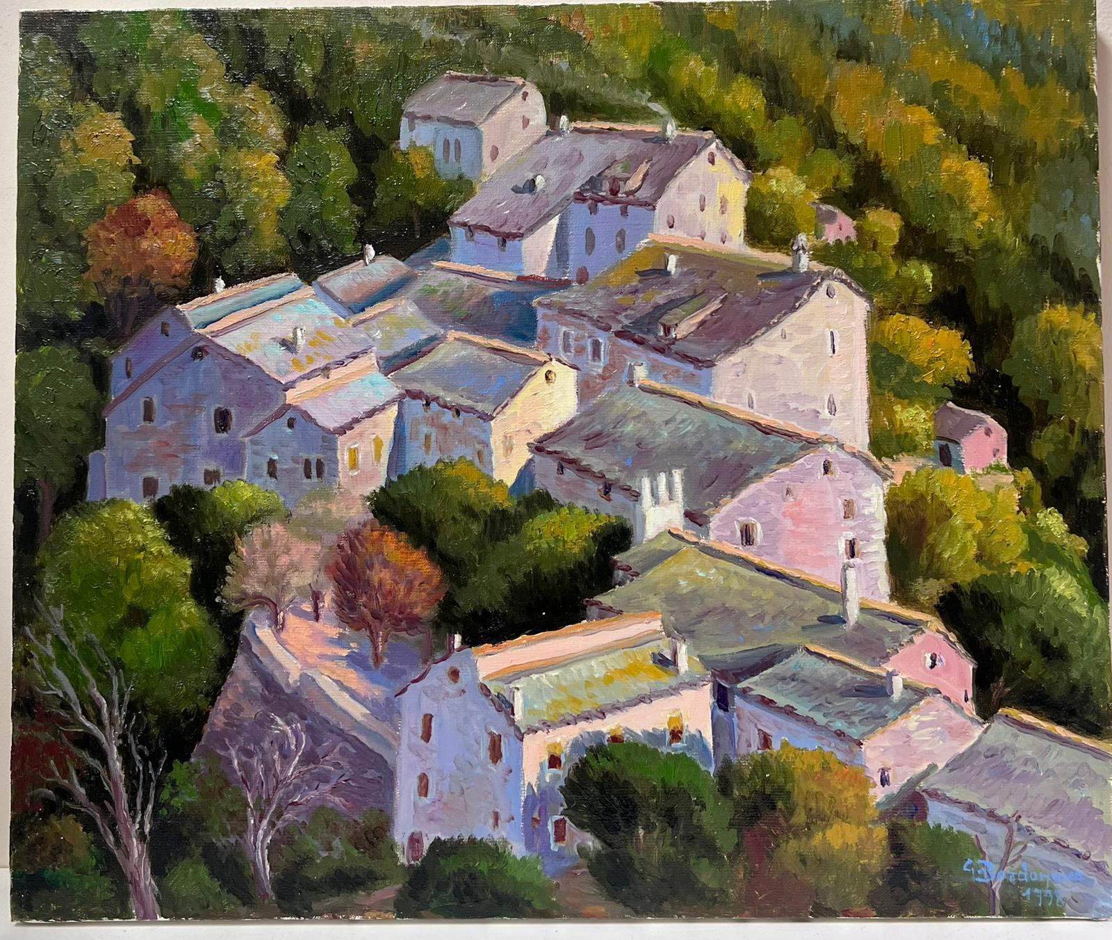 Contemporary French Impressionist Oil Hille Village Roof Tops French - Painting di Georges Bordonove