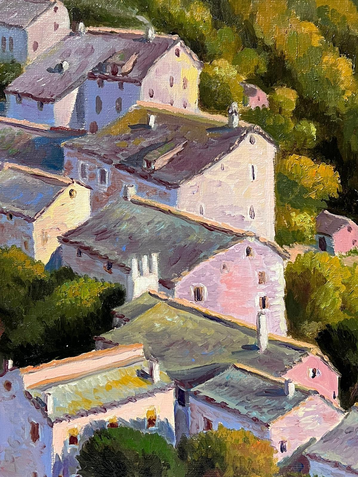 Contemporary French Impressionist Oil Hille Village Roof Tops French - Landscape Painting Nero di Georges Bordonove