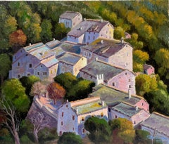 Contemporary French Impressionist Oil Hill Top Village Roof Tops French
