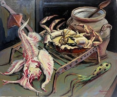Contemporary French Impressionist Oil Lobster and Crab Skulls
