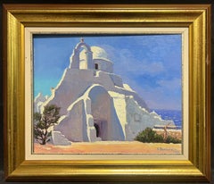 Huile impressionniste française contemporaine Bâtiment méditerranéen au bord de la mer