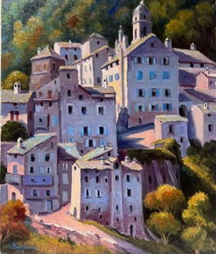 Olio impressionista francese contemporaneo - Edifici della città vecchia del Mediterraneo