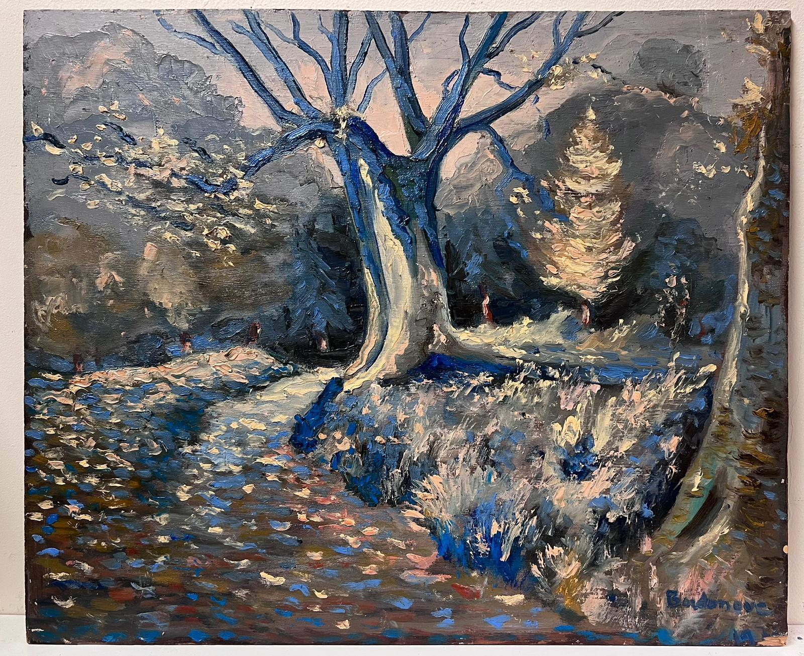 Contemporary French Impressionist Oil Midnight Winter Oak Tree Woodland Path - Painting de Georges Bordonove