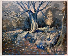 Contemporary French Impressionist Oil Midnight Winter Oak Tree Woodland Path