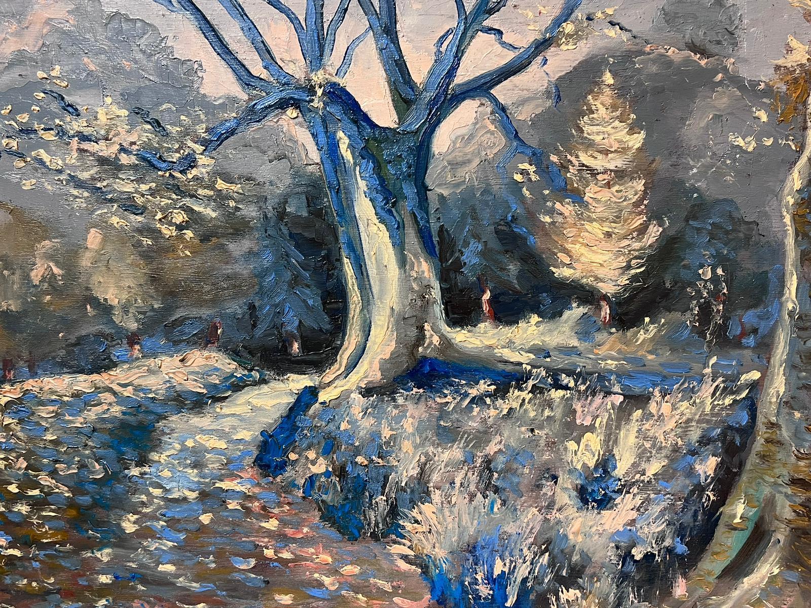 Contemporary French Impressionist Oil Midnight Winter Oak Tree Woodland Path en vente 1