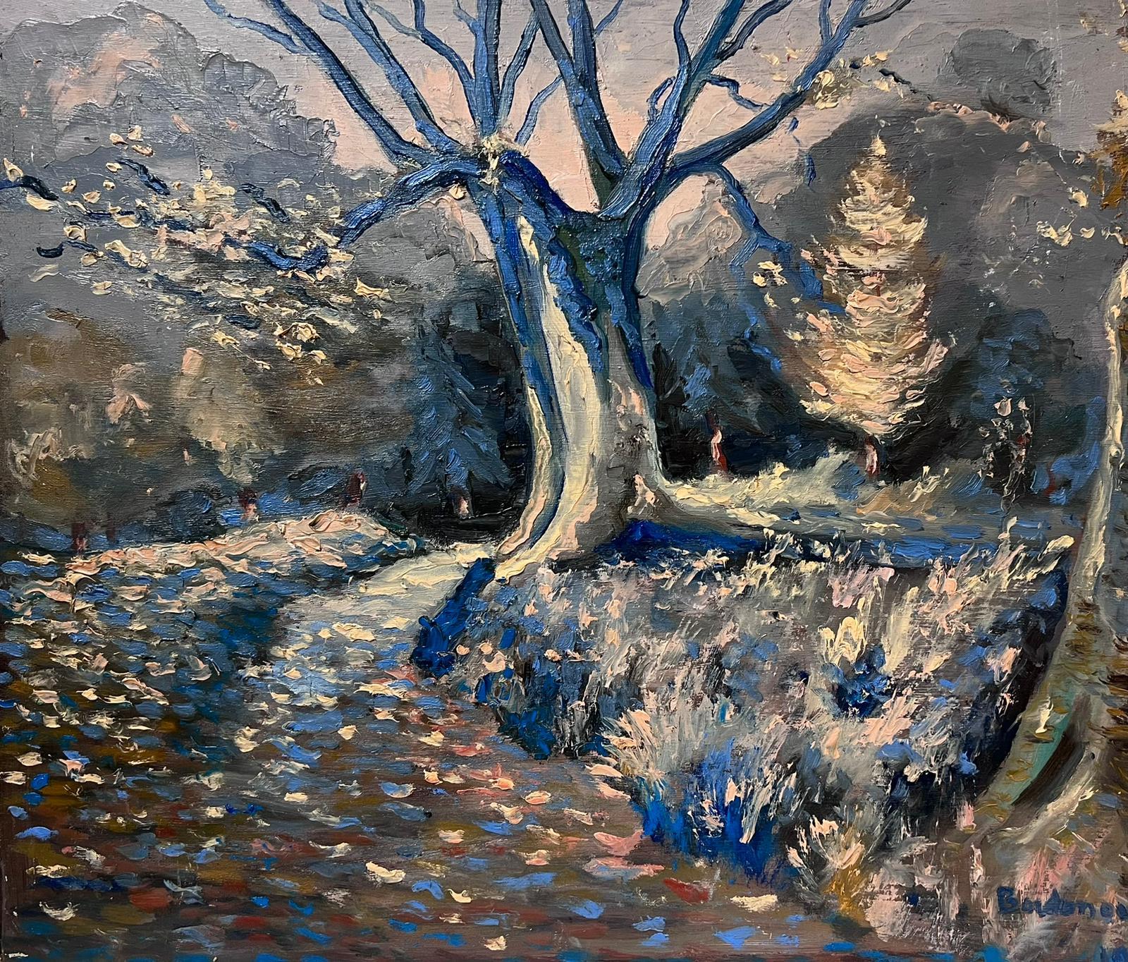 Landscape Painting Georges Bordonove - Contemporary French Impressionist Oil Midnight Winter Oak Tree Woodland Path