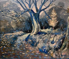 Contemporary French Impressionist Oil Midnight Winter Oak Tree Woodland Path