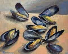 Contemporary French Impressionist Oil Mussels On Table Painting