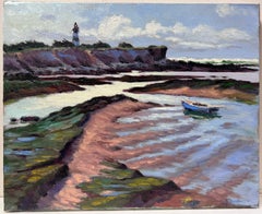 Contemporary French Impressionist Oil Normandy Beach Scene Lighthouse & Fishing