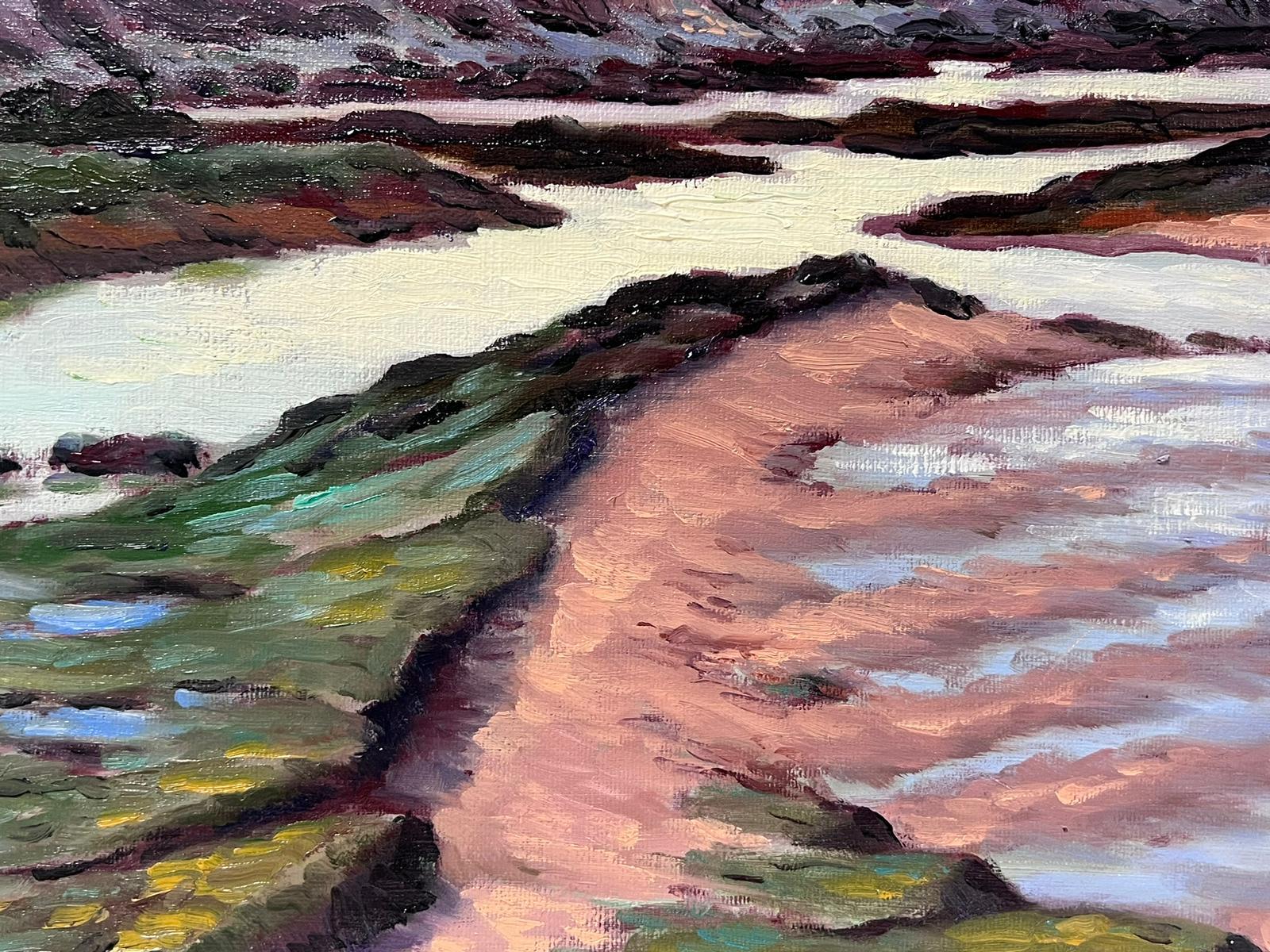 Huile impressionniste française contemporaine Scène de plage normande Phare et pêche  - Gris Landscape Painting par Georges Bordonove