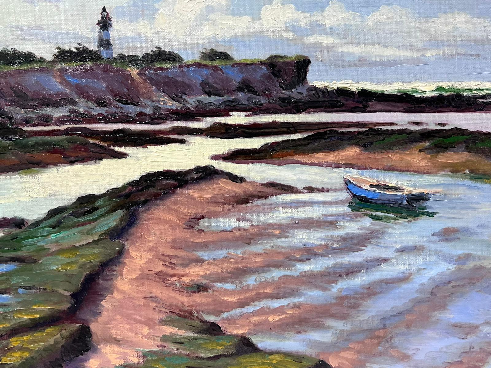 Huile impressionniste française contemporaine Scène de plage normande Phare et pêche  en vente 1