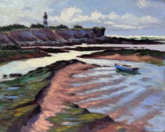 Retro Contemporary French Impressionist Oil Normandy Beach Scene Lighthouse & Fishing 