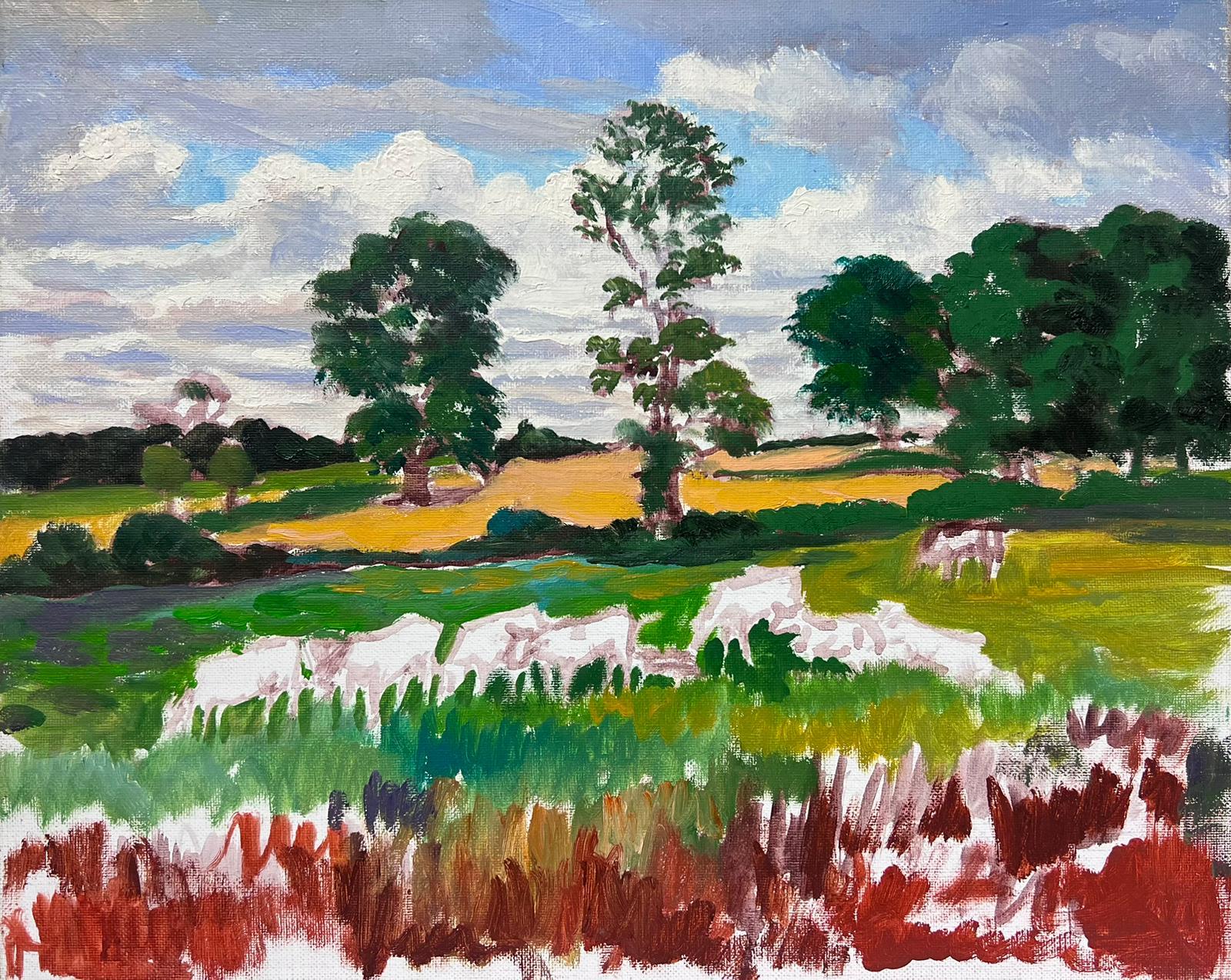 Huile impressionniste française contemporaine Paysage pastoral Bovins en pâturage Prairies