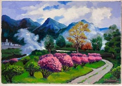 Contemporary French Impressionist Oil Pink Blossom in French Mountain Landscape